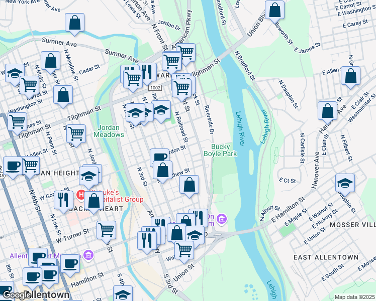 map of restaurants, bars, coffee shops, grocery stores, and more near 124-126 West Gordon Street in Allentown