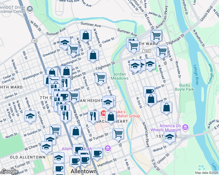 map of restaurants, bars, coffee shops, grocery stores, and more near 515 North Jordan Street in Allentown