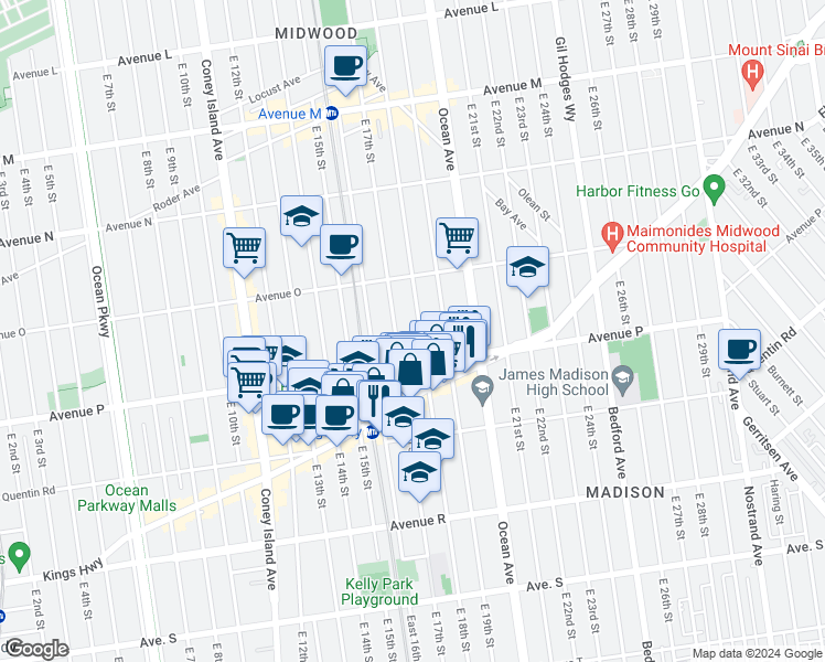 map of restaurants, bars, coffee shops, grocery stores, and more near 1719 Avenue P in Brooklyn