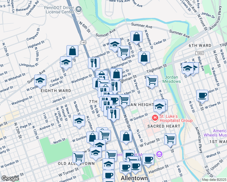 map of restaurants, bars, coffee shops, grocery stores, and more near 624 North 6th Street in Allentown
