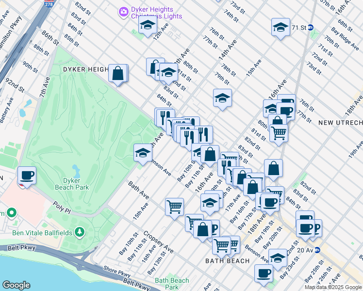 map of restaurants, bars, coffee shops, grocery stores, and more near 8622 15th Avenue in Brooklyn