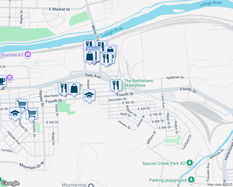 map of restaurants, bars, coffee shops, grocery stores, and more near 1337 Deschler Street in Bethlehem