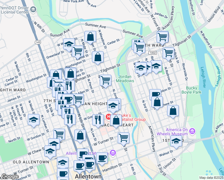 map of restaurants, bars, coffee shops, grocery stores, and more near 398 Liberty Street in Allentown