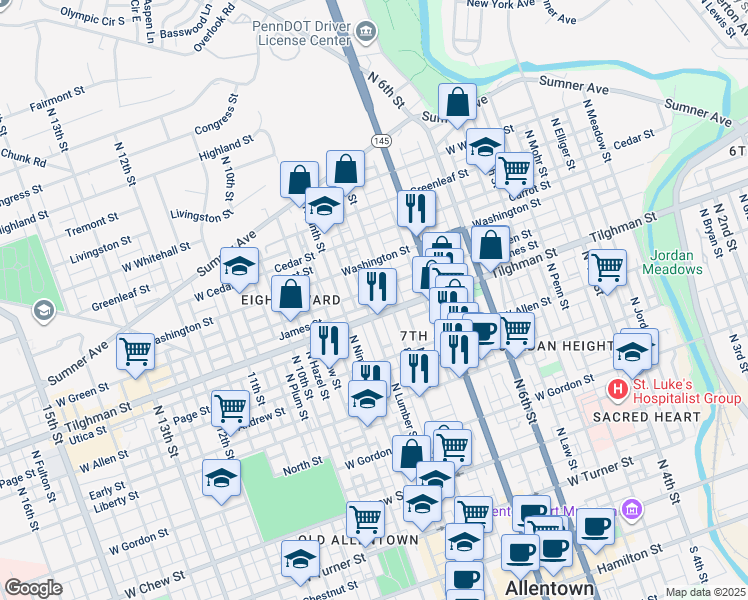 map of restaurants, bars, coffee shops, grocery stores, and more near 637 North Refwal Street in Allentown