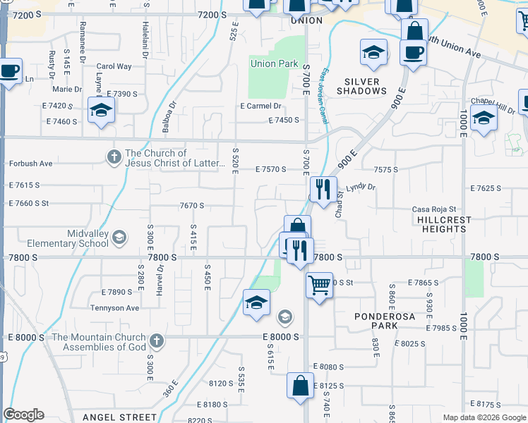 map of restaurants, bars, coffee shops, grocery stores, and more near 588 East Briarsprings Circle in Midvale