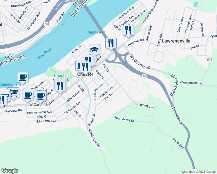 map of restaurants, bars, coffee shops, grocery stores, and more near George Alley in Chester