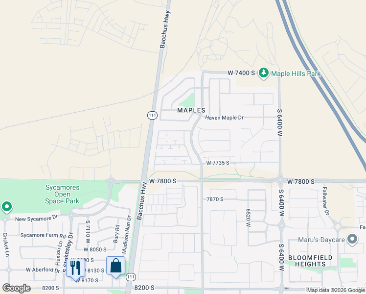 map of restaurants, bars, coffee shops, grocery stores, and more near 7709 Yellowwood Lane in West Jordan