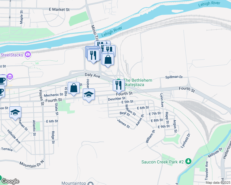 map of restaurants, bars, coffee shops, grocery stores, and more near 1307 East 4th Street in Bethlehem