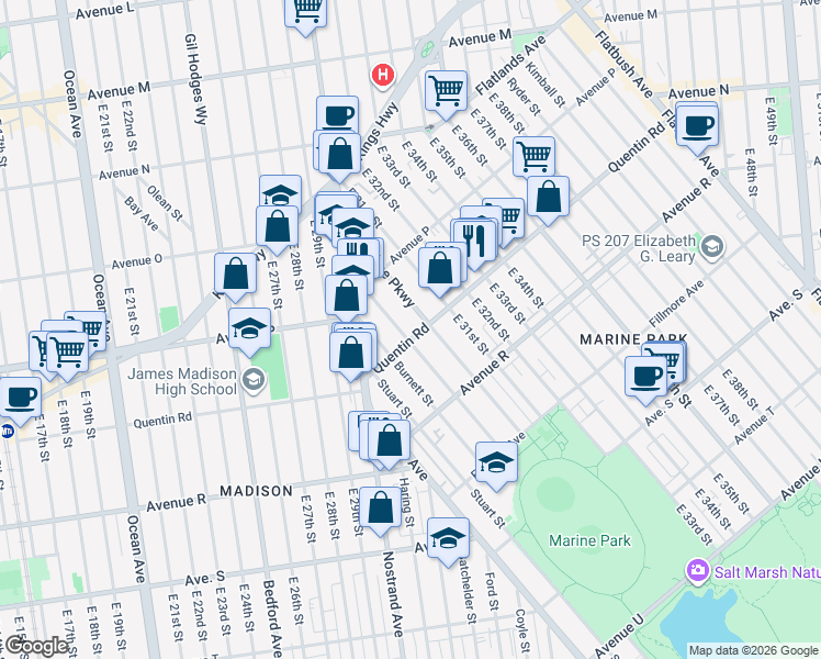 map of restaurants, bars, coffee shops, grocery stores, and more near 1667 Burnett Street in Brooklyn