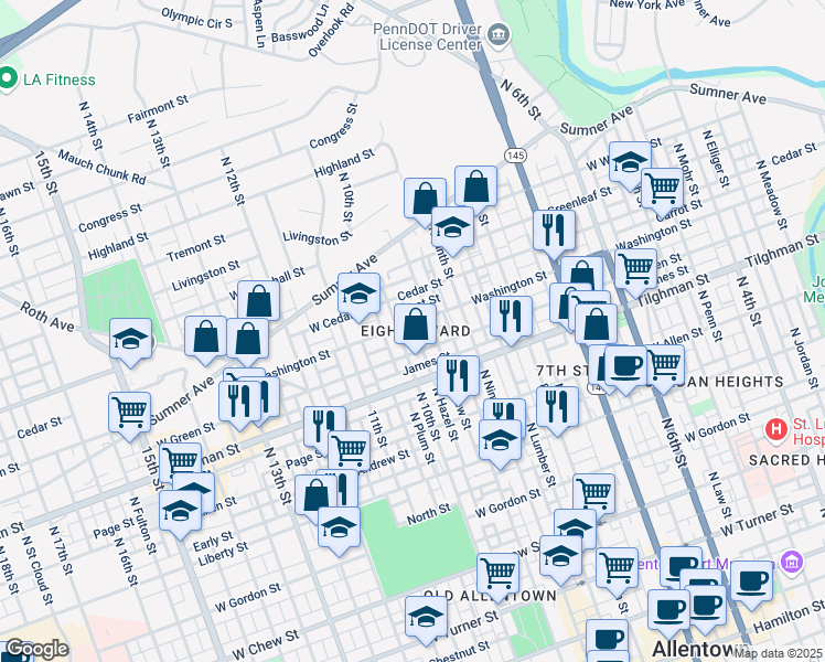 map of restaurants, bars, coffee shops, grocery stores, and more near in Allentown