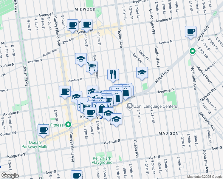 map of restaurants, bars, coffee shops, grocery stores, and more near 1719 Avenue P in Brooklyn