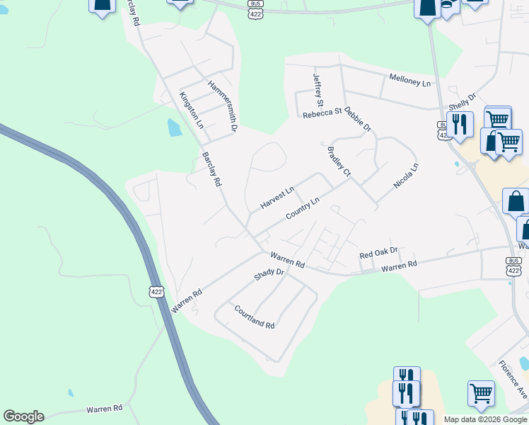map of restaurants, bars, coffee shops, grocery stores, and more near 971 Country Lane in Indiana