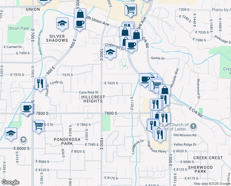 map of restaurants, bars, coffee shops, grocery stores, and more near 7713 South 1040 East in Midvale