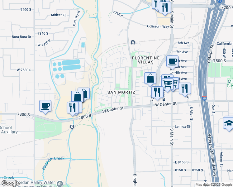 map of restaurants, bars, coffee shops, grocery stores, and more near 229 Ropekey Drive West in Midvale