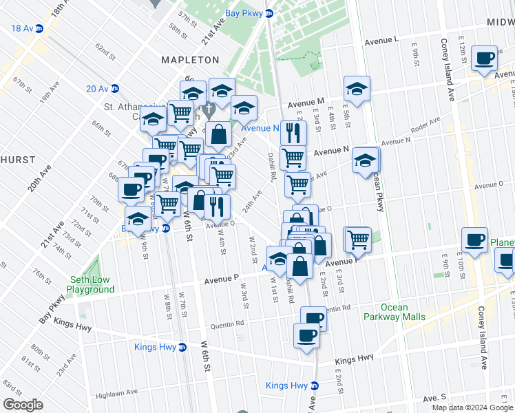 map of restaurants, bars, coffee shops, grocery stores, and more near 2440 64th Street in Brooklyn