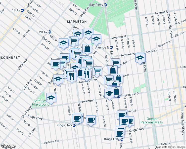 map of restaurants, bars, coffee shops, grocery stores, and more near Avenue O in Brooklyn