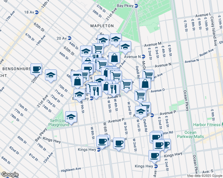 map of restaurants, bars, coffee shops, grocery stores, and more near 175 Avenue O in Brooklyn