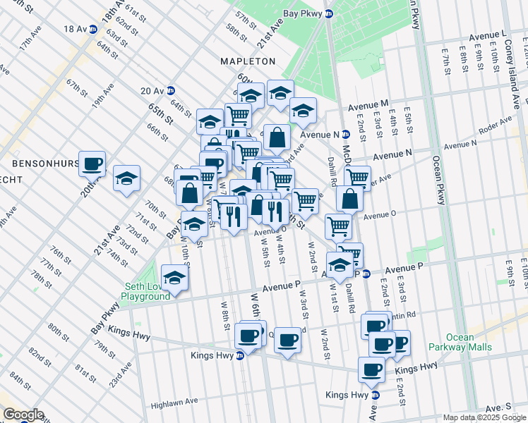 map of restaurants, bars, coffee shops, grocery stores, and more near 175 Avenue O in Brooklyn