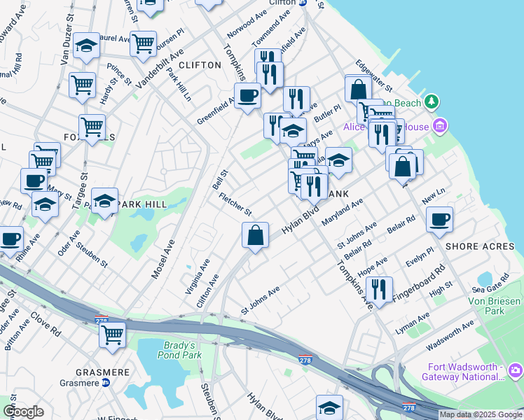 map of restaurants, bars, coffee shops, grocery stores, and more near 412 Clifton Avenue in Staten Island