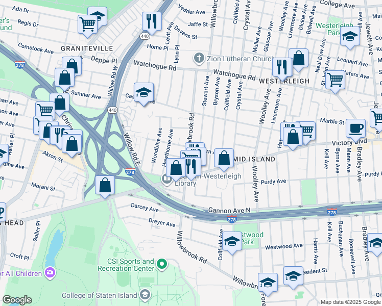 map of restaurants, bars, coffee shops, grocery stores, and more near 523 Willowbrook Road in Staten Island