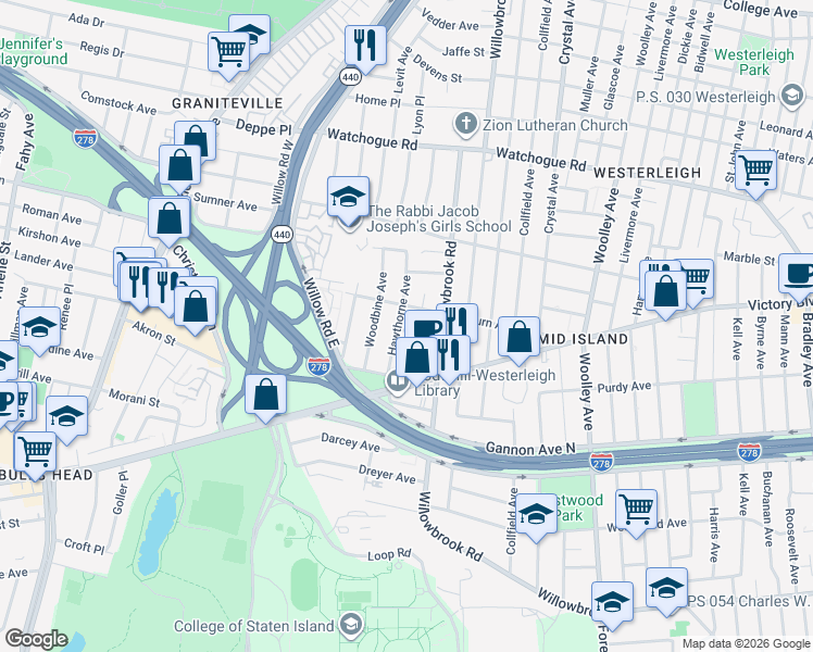map of restaurants, bars, coffee shops, grocery stores, and more near 21 Montauk Place in Staten Island