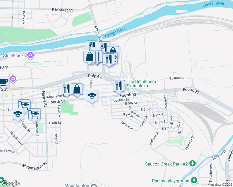 map of restaurants, bars, coffee shops, grocery stores, and more near 413 Edward Street in Bethlehem