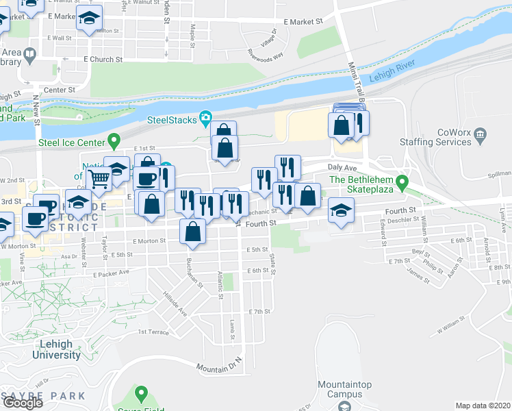map of restaurants, bars, coffee shops, grocery stores, and more near 935 East 4th Street in Bethlehem