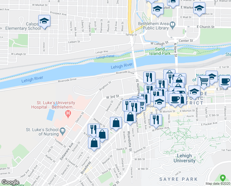 map of restaurants, bars, coffee shops, grocery stores, and more near 404 Seneca Street in Bethlehem
