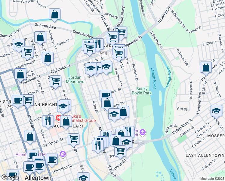 map of restaurants, bars, coffee shops, grocery stores, and more near 328 Ridge Avenue in Allentown