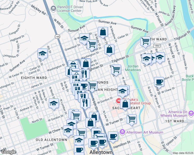 map of restaurants, bars, coffee shops, grocery stores, and more near 537 North Law Street in Allentown