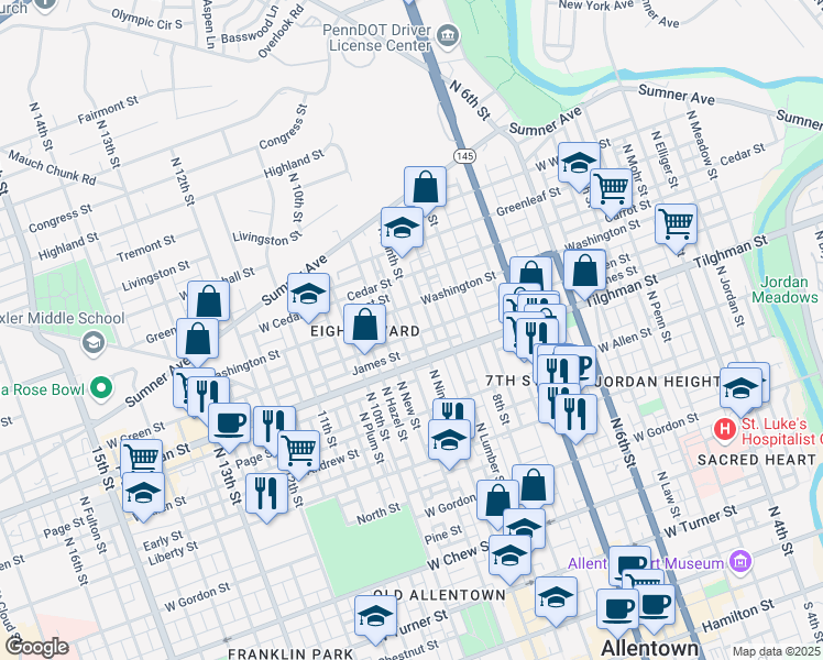 map of restaurants, bars, coffee shops, grocery stores, and more near 845 Tilghman Street in Allentown