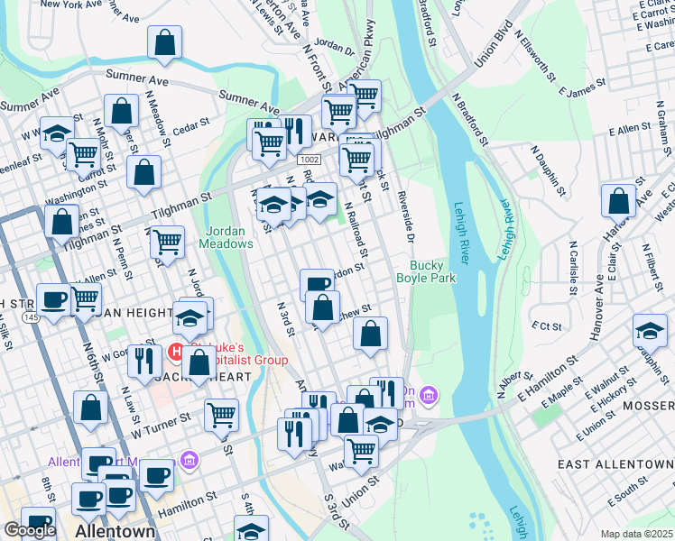 map of restaurants, bars, coffee shops, grocery stores, and more near 328 Ridge Avenue in Allentown