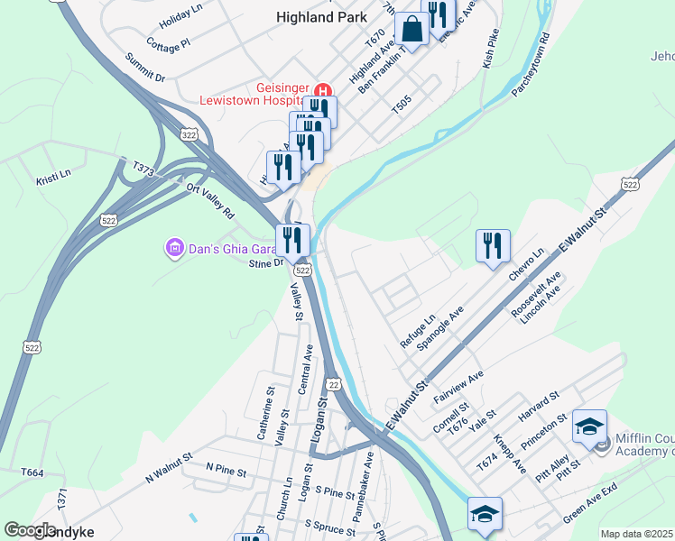 map of restaurants, bars, coffee shops, grocery stores, and more near 404 Bridge Street in Lewistown