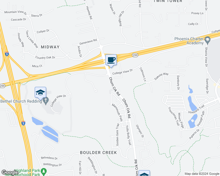 map of restaurants, bars, coffee shops, grocery stores, and more near 120 Churn Creek Road in Redding