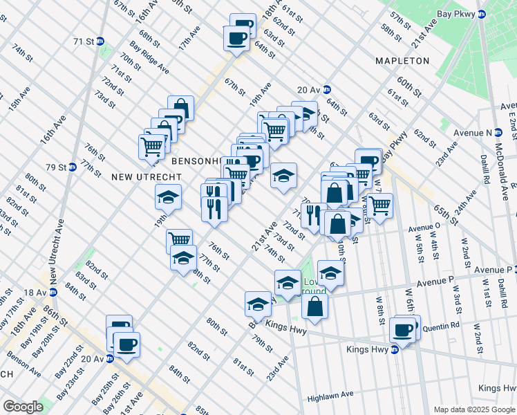 map of restaurants, bars, coffee shops, grocery stores, and more near 2062 73rd Street in Brooklyn