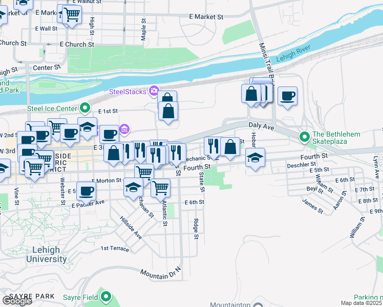map of restaurants, bars, coffee shops, grocery stores, and more near 935 East 4th Street in Bethlehem