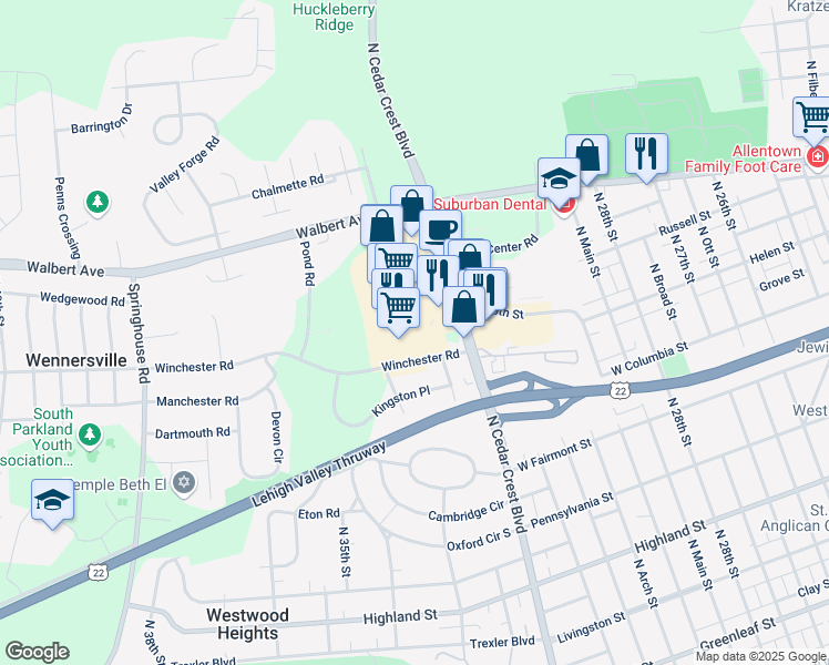 map of restaurants, bars, coffee shops, grocery stores, and more near 1650 North Cedar Crest Boulevard in Allentown