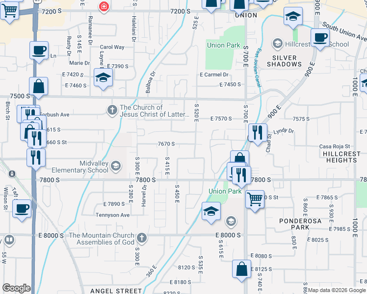 map of restaurants, bars, coffee shops, grocery stores, and more near 472 7670 south in Midvale