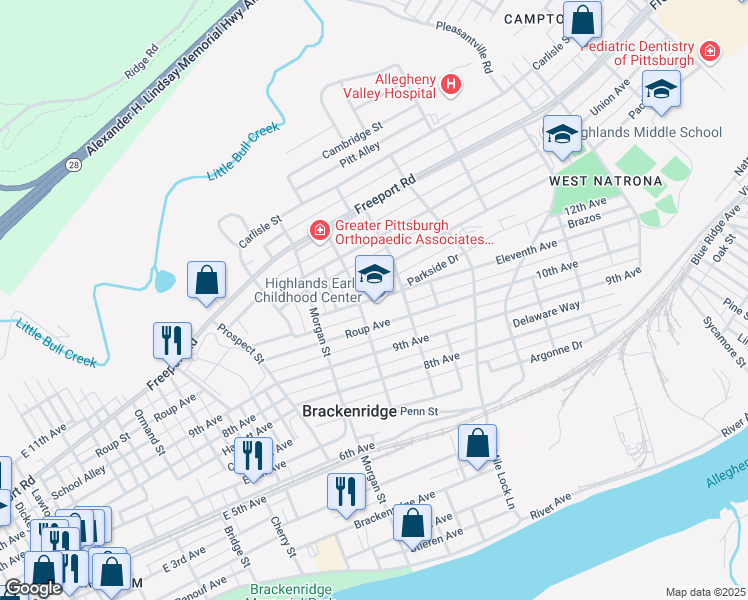 map of restaurants, bars, coffee shops, grocery stores, and more near 1060 Atlantic Avenue in Brackenridge