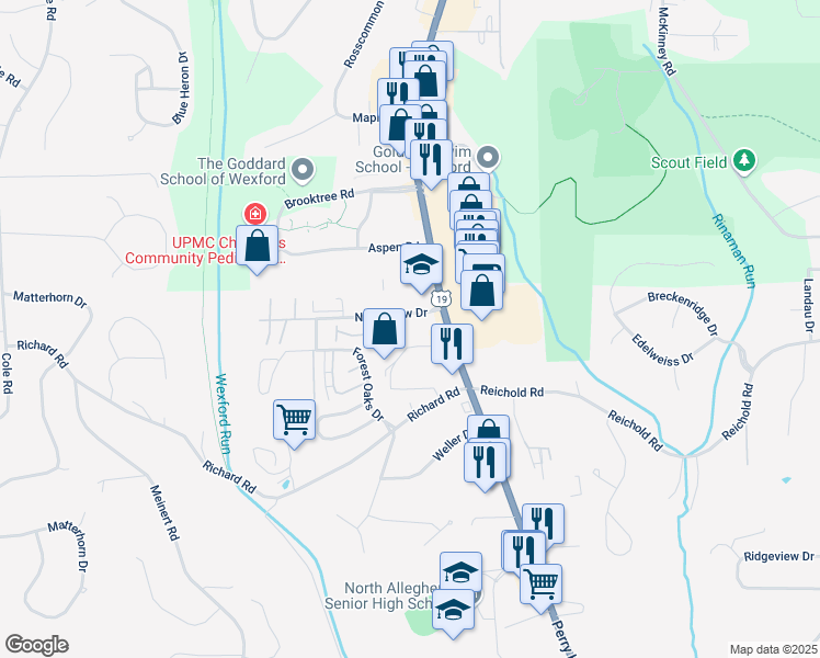 map of restaurants, bars, coffee shops, grocery stores, and more near 103 North Meadow Drive in Wexford