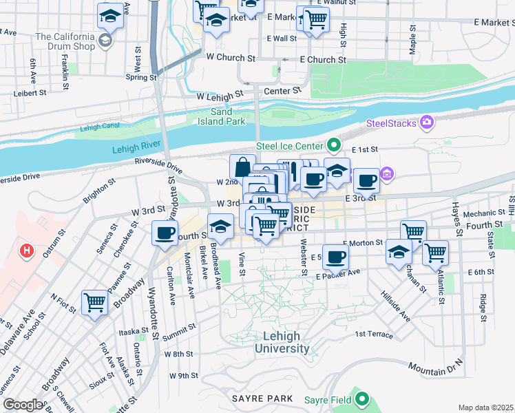 map of restaurants, bars, coffee shops, grocery stores, and more near 4 West 3rd Street in Bethlehem