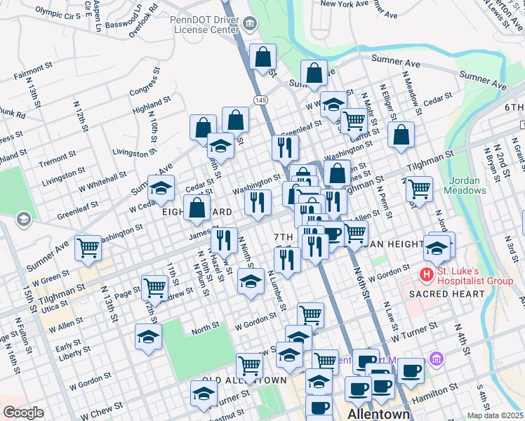map of restaurants, bars, coffee shops, grocery stores, and more near 714 North Eighth Street in Allentown