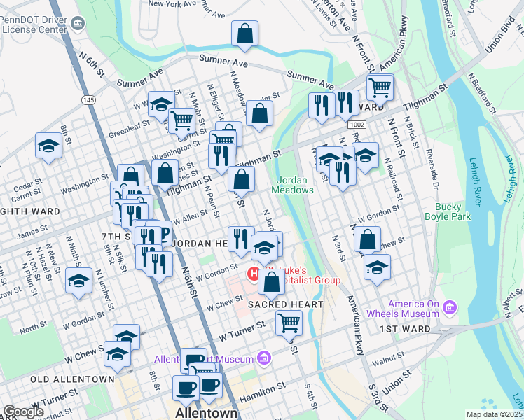 map of restaurants, bars, coffee shops, grocery stores, and more near 520 North Jordan Street in Allentown