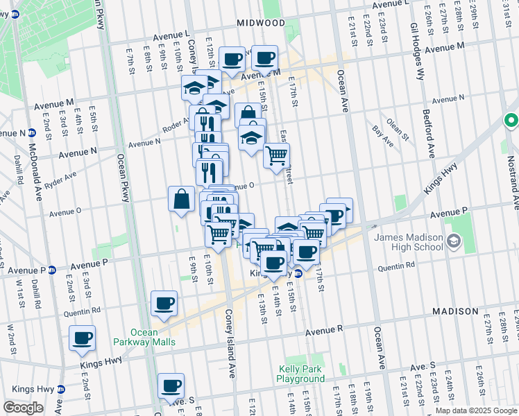 map of restaurants, bars, coffee shops, grocery stores, and more near 1544 East 14th Street in Brooklyn