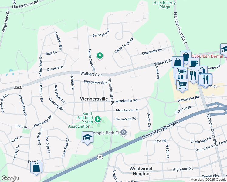map of restaurants, bars, coffee shops, grocery stores, and more near 1533 Springhouse Road in Allentown