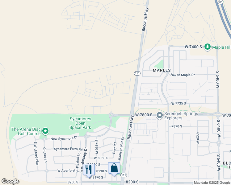 map of restaurants, bars, coffee shops, grocery stores, and more near 7668 Clipper Hill Road in West Jordan