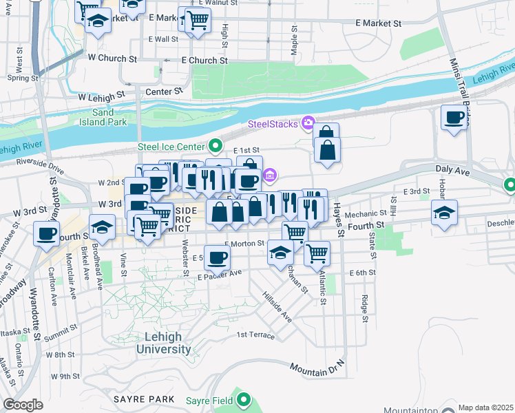 map of restaurants, bars, coffee shops, grocery stores, and more near 510 East 3rd Street in Bethlehem