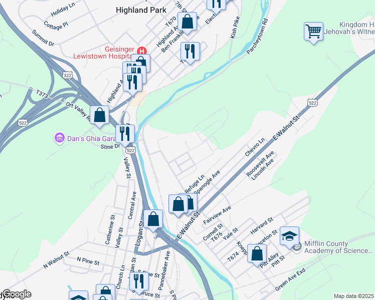 map of restaurants, bars, coffee shops, grocery stores, and more near 27 Oakland Avenue in Lewistown