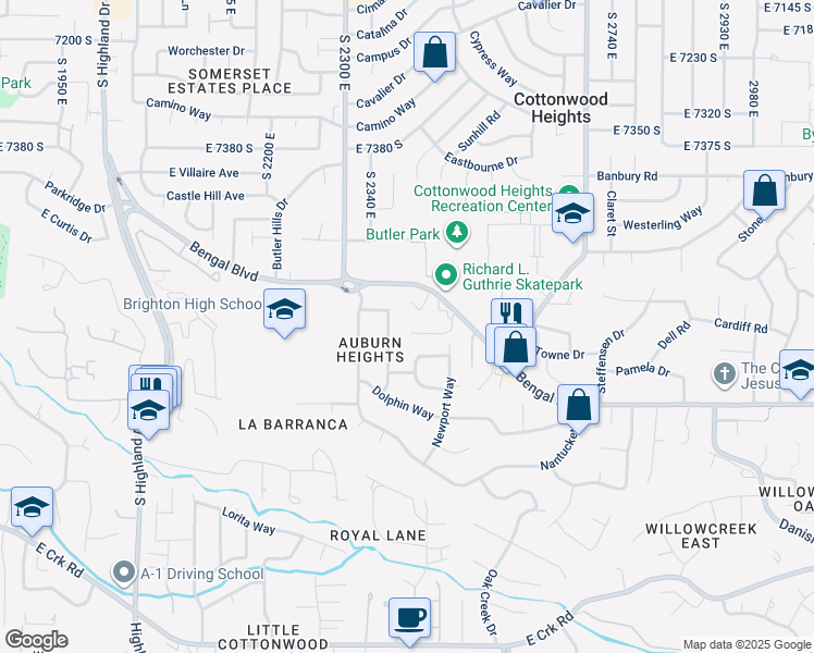 map of restaurants, bars, coffee shops, grocery stores, and more near 2407 Bengal Bend Cove in Cottonwood Heights