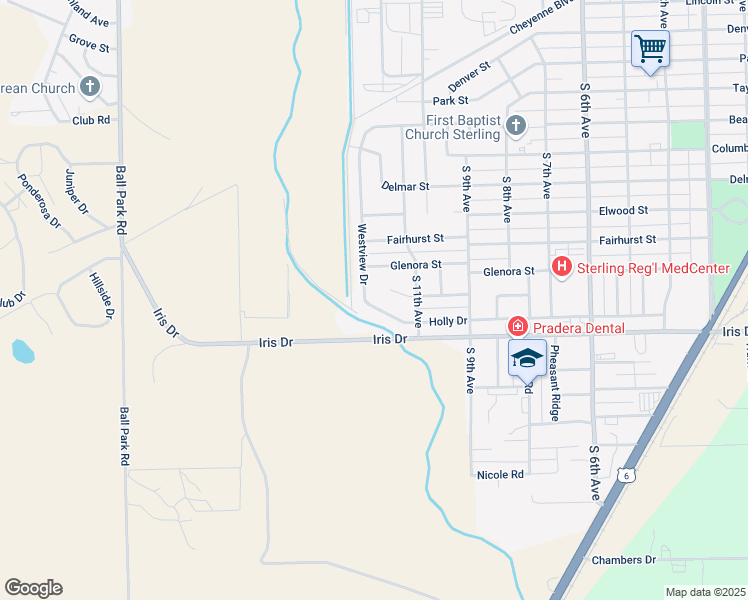 map of restaurants, bars, coffee shops, grocery stores, and more near 1121 Glenora Street in Sterling